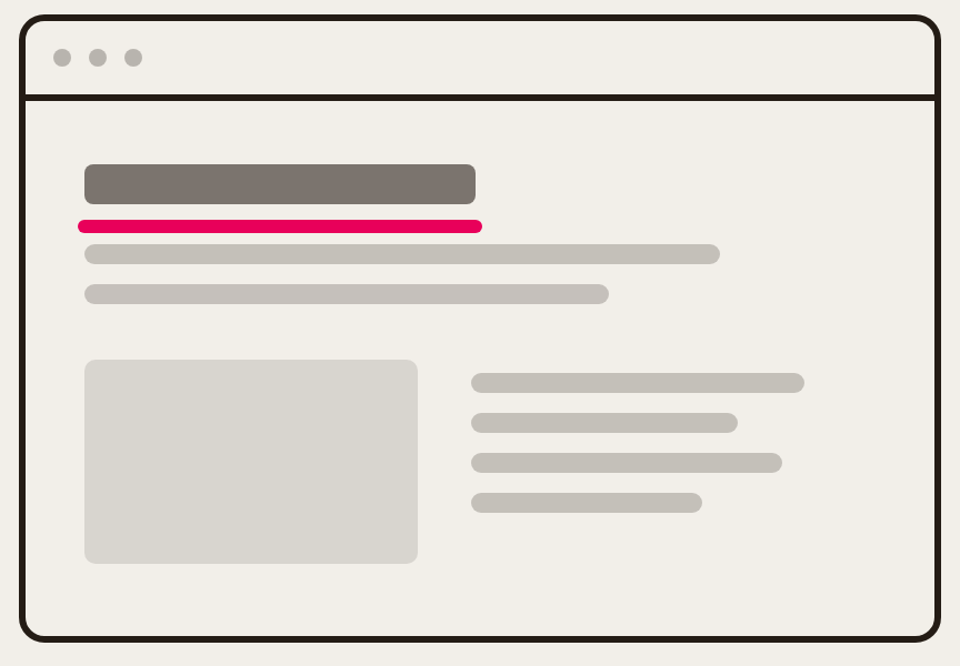 Ein gezeichnetes Browserfenster mit fertiger Seite: Überschrift, darunter ein pinker Unterstrich, zwei Textzeilen, links ein Bildfeld, rechts vier Zeilen Text.