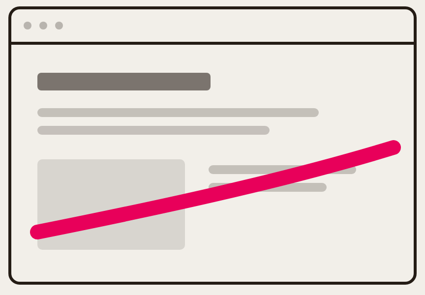 Ein gezeichnetes Browserfenster mit fertiger Seite, durch das ein breiter pinker Strich diagonal von links unten nach rechts oben fährt.