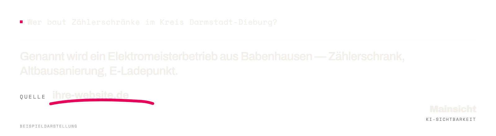 Eine Frage wird getippt, die Antwort baut sich auf, der Mainsicht-Strich zieht sich unter die Quelle