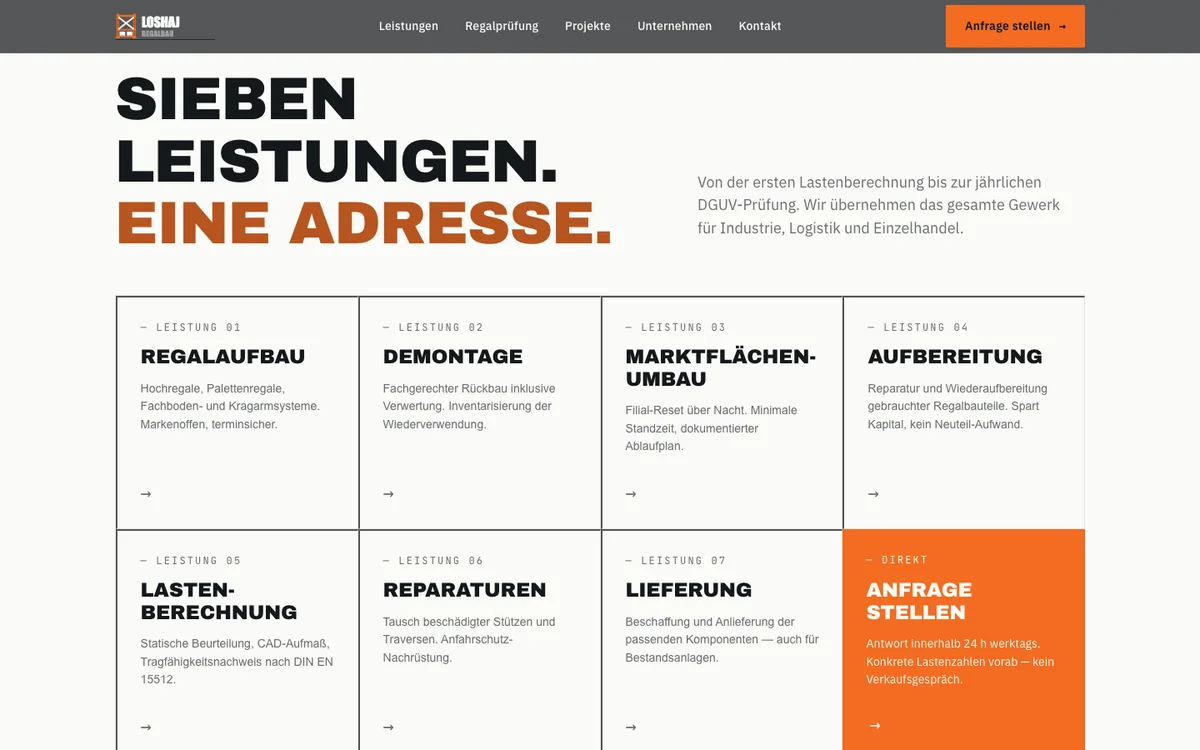 Der Leistungsabschnitt: „Sieben Leistungen. Eine Adresse.“ mit acht Feldern von Regalaufbau bis Anfrage stellen
