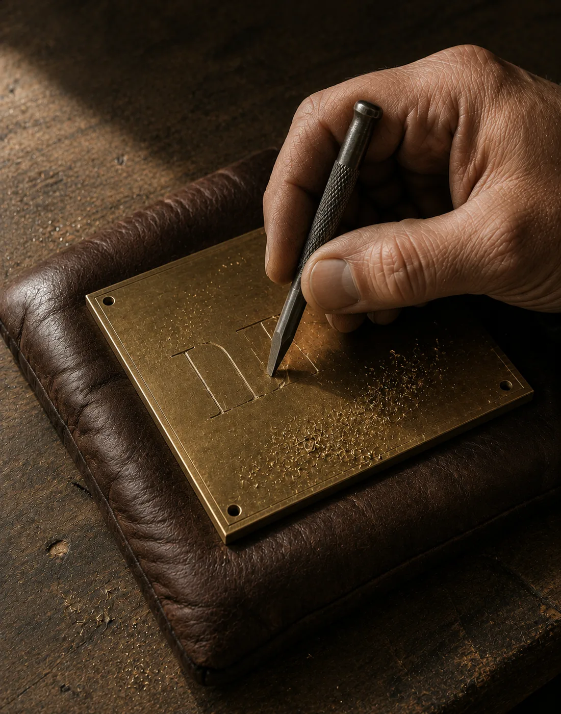 Eine Hand sticht mit einem Graviersstichel Buchstaben in ein Messingschild, das auf einem Lederkissen liegt; feine Messingspäne bedecken die Fläche