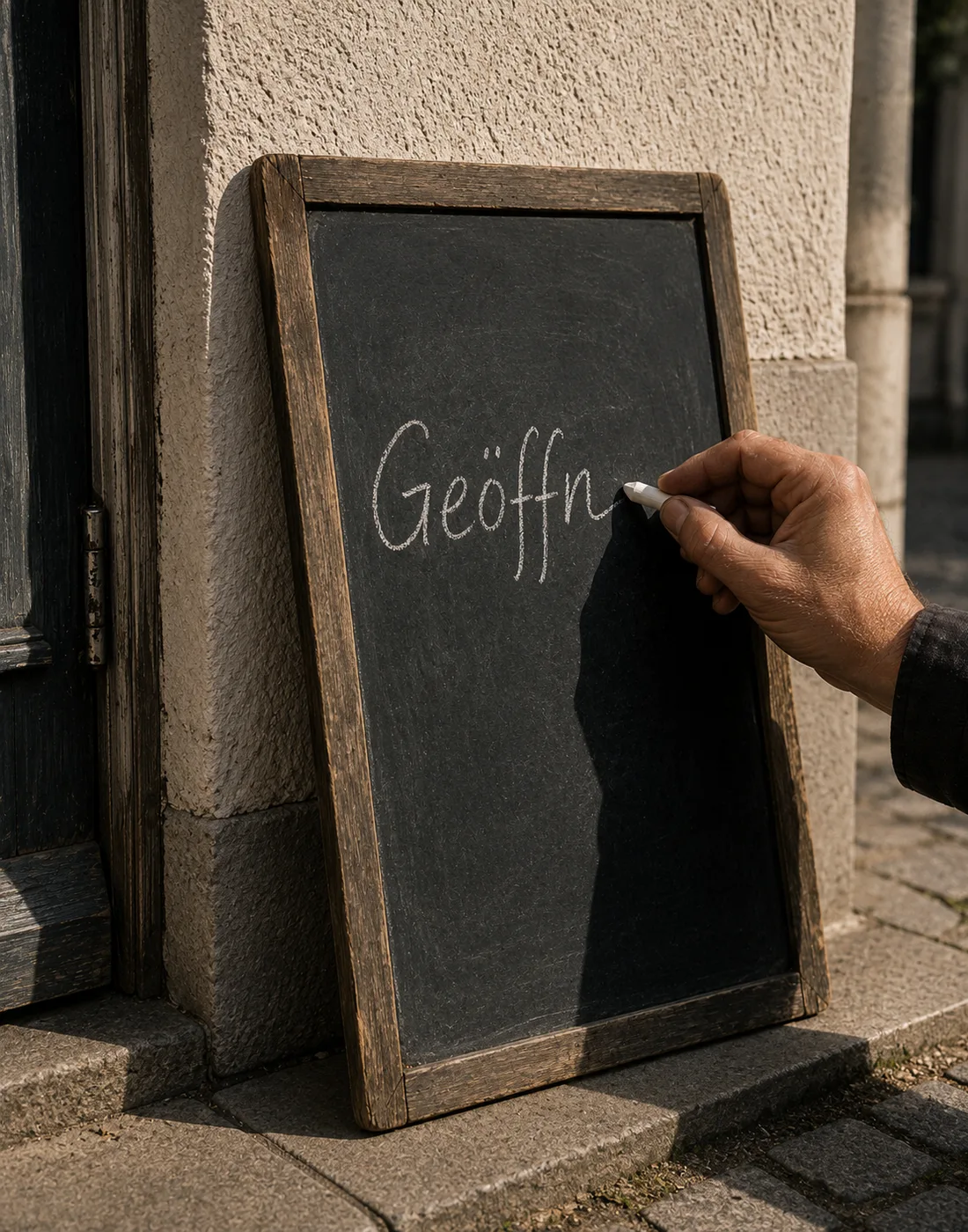 Eine Hand schreibt mit Kreide „Geöffnet“ auf eine Schiefertafel, die neben einer Ladentür an der Hauswand lehnt