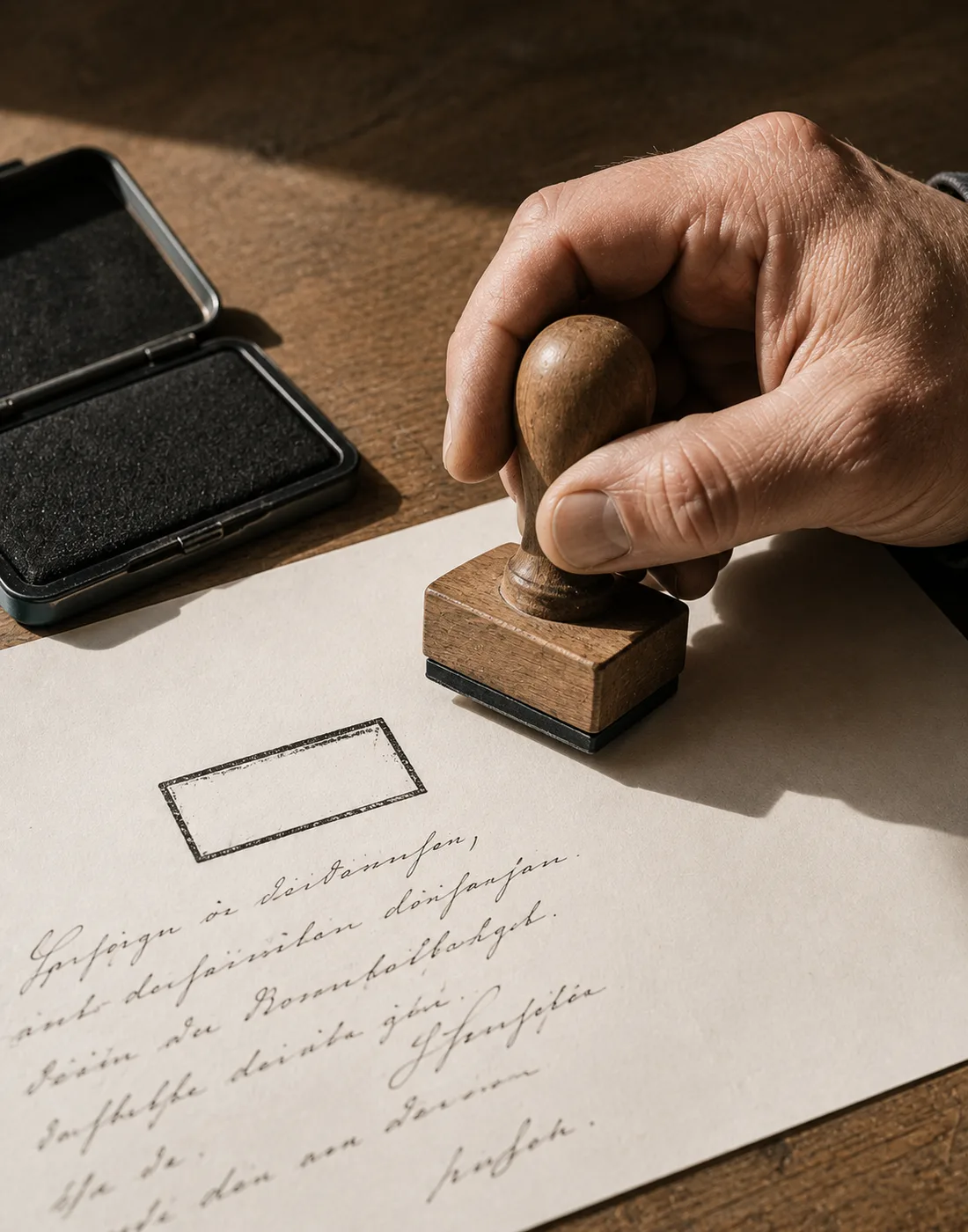 Eine Hand drückt einen Holzstempel auf ein handbeschriebenes Blatt; daneben ein offenes Stempelkissen, auf dem Blatt bereits ein leerer Abdruckrahmen