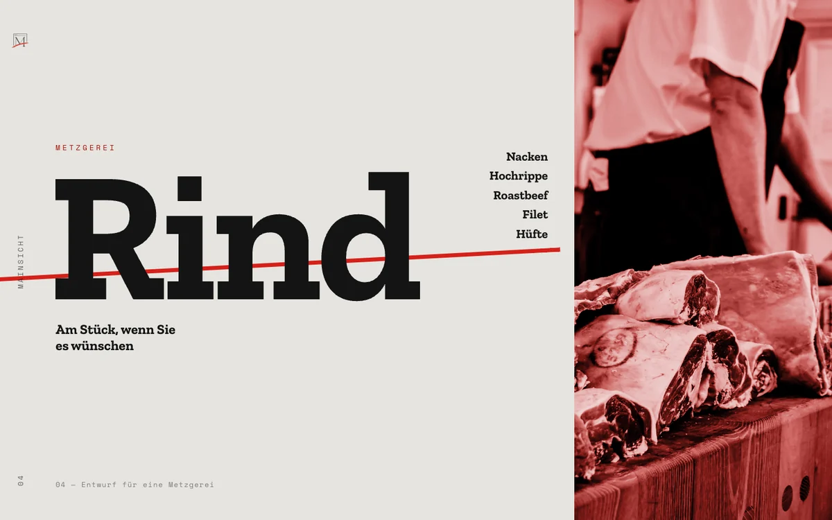 Der Entwurf für eine Metzgerei: das Wort „Rind“ groß gesetzt, ein roter Schnitt läuft leicht geneigt hindurch, rechts Fleisch auf dem Block